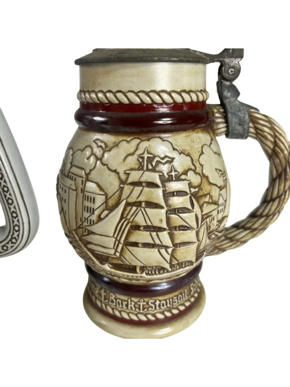 Vintage Avon Ceramic Beer Stein Broken‎ Pewter Lid Nautical Scene 1977